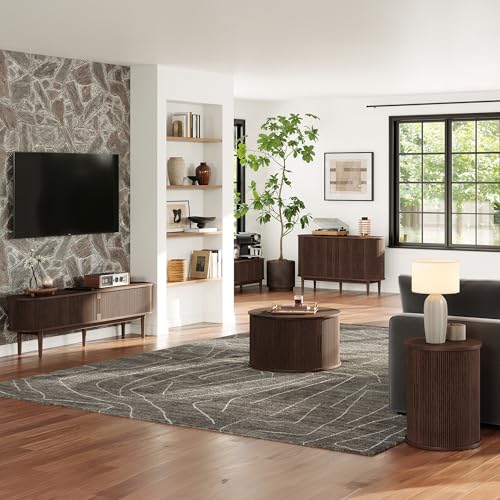 LINSY HOME Round Fluted End Table, Tall Side Table with Sliding Tambour Door and Storage Shelf, Modern Bedside Table, Mid-Century Nightstand for Living Room, Bedroom, Dark Walnut - color: Dark Walnut