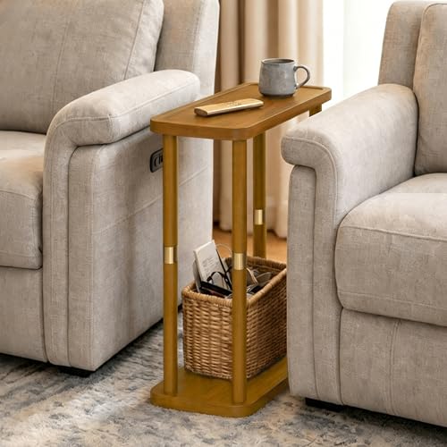 Solid Wood Narrow Side Table, 7.5-Inch Slim End Table for Small Spaces, Skinny Nightstand & Sofa Table with Storage Shelf for Living Room, Bedroom, Amber Brown - color: Amber Brown