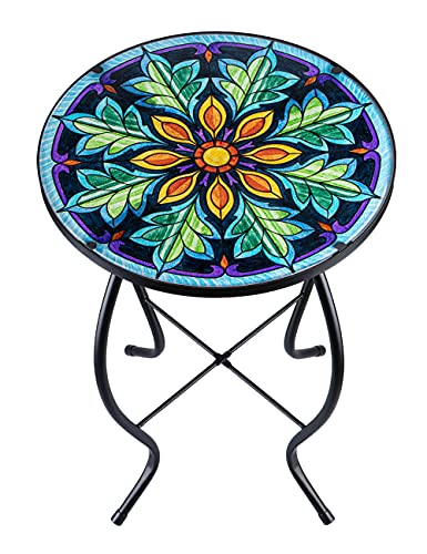 VCUTEKA Outdoor Side Table Mosaic End Table Patio Side Table Small End Table Glass Top Round Balcony Coffee Table Porch Indoor Glass Top - color: Green