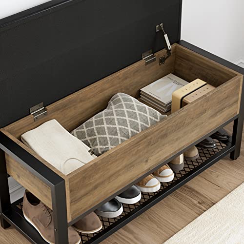HOSTACK 40" W Storage Bench, Entryway Shoe Bench with Cushion, Rustic Brown | Wood Metal Bench with Flip-Open Hidden Storage, Ottoman Bench with Padded Seat & Shoe Rack for Hallway, Bedroom, Living Room - color: Rustic Brown