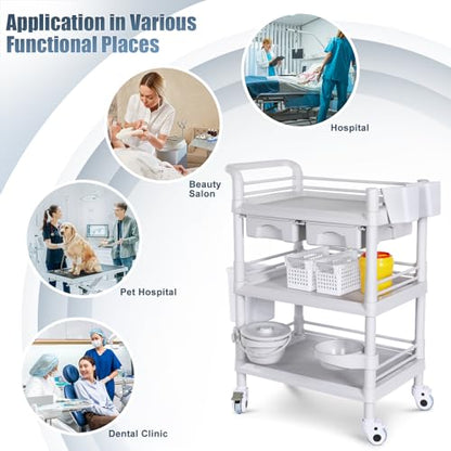Mobile Medical Carts 3 Tier Professional Utility Cart 330 LBS Max Load Rolling Crash Cart Ultrasound Trolley with Wheels Drawers Dirt Bucket Sharps Box Storage Basket for Hospital Dental Clinic Home - color: 3-tier With Accessories Light Gray