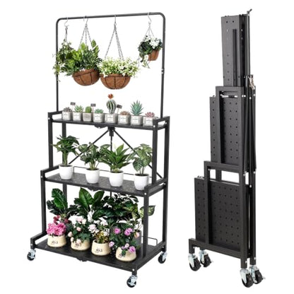 Foldable 4-Tier Plant Stand Indoor Outdoor Hanging Plant Shelf No Assembly Required Pot Placement Area With Wheels Sturdy Fall Prevention Storage Shelf Flower Pot Stand