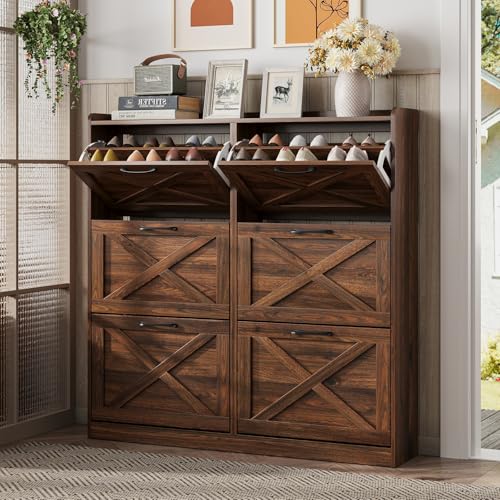 Maupvit Large Shoe Storage Cabinet with 6 Flip Drawers, Freestanding Shoe Organizer with Metal Handles for Entryway, Narrow Shoe Rack Cabinet, Dark Walnut - color: Dark Walnut, style: 6-Drawers
