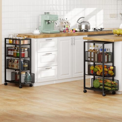 4 Tier Kitchen Rolling Cart, Kitchen Storage Cart with Wheels, Adjust Pantry Organizer and Storage Cart with Drawer, Fruit Vegetable Spice Storage Cart, Wooden Top Metal Kitchen Organizer Rack Stand - size: Small 4 Tier Black