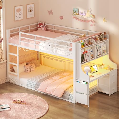 ADORNEVE Low Bunk Bed Twin Size with Desk, Bookshelf & 3 Storage Drawers, Metal Floor Bunk Bed Twin Over Twin with RGB Lights & Charging Station, Safety Guardrail & Ladder, Small Space, White - color: White