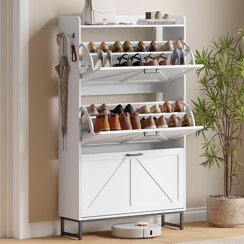Xixini Shoe Storage Cabinet with 3 Flip Drawers, Entryway Shoe Rack, White | Narrow Slim Shoe Storage, Freestanding Hidden Wood Shoe Organizer, Modern Farmhouse, Open Storage & Hooks for Closet, Hallway - color: White, size: 3 Flip Drawers