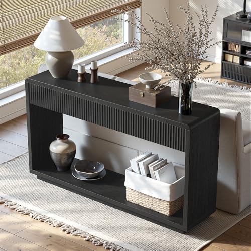 Evermagin 59'' Charcoal Black Entryway Table with Drawers, Fluted Console Table, Mid Century Modern Sofa Table with Storage for Living Room, Entrance, Hallway - color: Charcoal Black