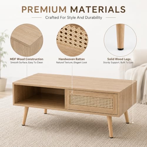 Meihua Rattan Coffee Table with Sliding Door Storage, Mid Century Modern Center Table with Open Shelf and Hidden Compartment, Natural Wood Coffee Table with Solid Wood Legs for Living Room, Apartment - color: Natural