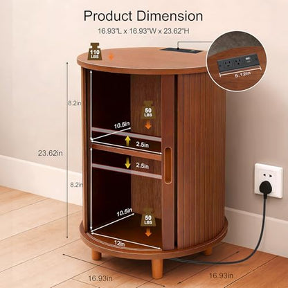 DHH Round End Table with Storage & Charging Station, Fluted Accent Side Table with Sliding Door & Adjustable Shelf, Mid-Century Nightstand for Small Spaces, Living Room, Bedroom (1, Walnut) - color: Walnut