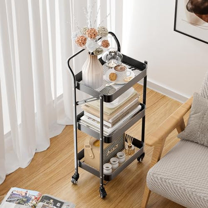 JAQ No Assembly Foldable Rolling Cart, 3 Tier Black Metal Folding Utility Cart with Handle, Heavy Duty Mobile Storage Organizer on Wheels for Office, Garage, Tools & Kitchen (Black) - color: Black/3-tier