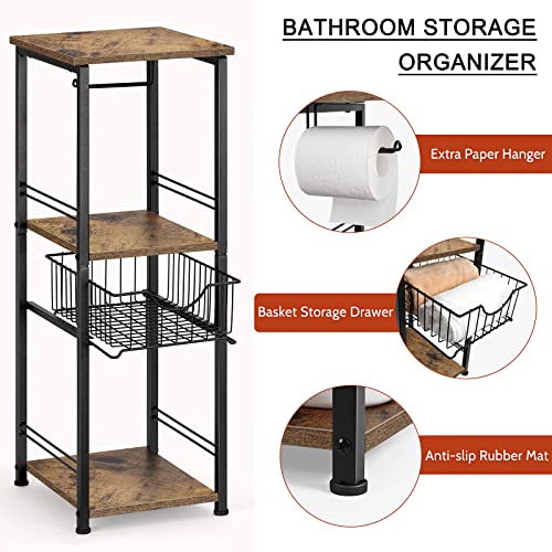 Bathroom Storage Shelf Floor Standing Toilet Storage Cabinet with Drawer | 3 Tier Narrow Shelving Unit, Open Storage Shelves, Adjustable Feet, for Small Spaces, Laundry Room, Kitchen, Rustic Brown