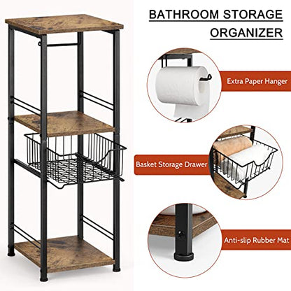 Bathroom Storage Shelf Floor Standing Toilet Storage Cabinet with Drawer | 3 Tier Narrow Shelving Unit, Open Storage Shelves, Adjustable Feet, for Small Spaces, Laundry Room, Kitchen, Rustic Brown