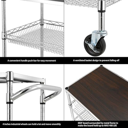 Finnhomy 3 Tier Heavy Duty Commercial Grade Utility Cart with Wood Top, Wire Rolling Cart with Wheels and Handle Bar, Kitchen Carts on Wheels, 18x36x35.4 H Metal Cart with 600 LBS Capacity, Chrome - style: 36“L Chrome