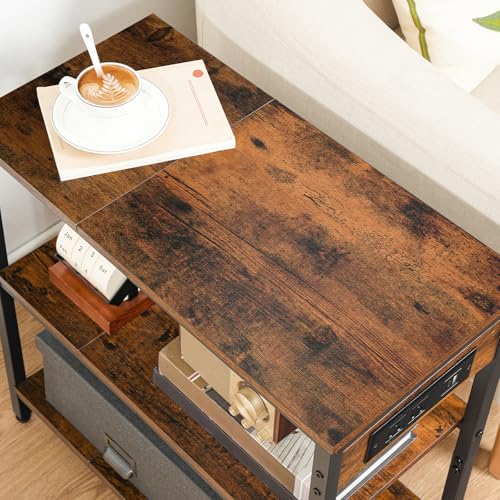 HOOBRO End Table with Charging Station, Side Table with 3 Tier Storage Shelf, Narrow Nightstand for Small Spaces, for Living Room, Bedroom, Easy Assembly, Rustic Brown and Black BF149UBZ01 - color: Rustic Brown + Black