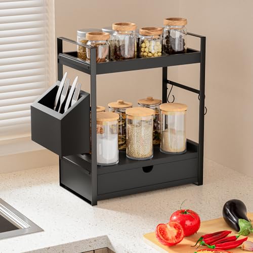 2-Tier Bathroom Counter Organizer, Wooden Vanity Shelf with Drawer & Basket | Pre-Drilled Holes, Skincare & Makeup Countertop Organizer and storage, Black - color: Black