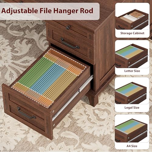 Garvee 60" Wooden Home Office Desk with File Drawers, Executive Desk with Adjustable Cabinet, Farmhouse Wood Desk with Power Outlet, Distressed Study and Work Table, Rustic Brown - color: Rustic Brown, size: 60" W