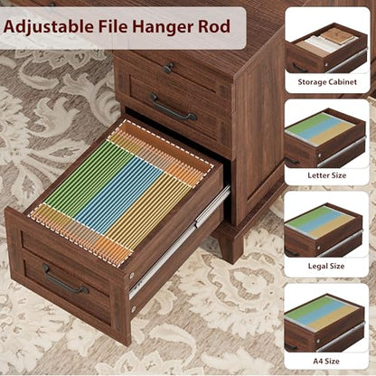 Garvee 60" Wooden Home Office Desk with File Drawers, Executive Desk with Adjustable Cabinet, Farmhouse Wood Desk with Power Outlet, Distressed Study and Work Table, Rustic Brown - color: Rustic Brown, size: 60" W
