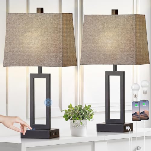 Rinweey 23.5" Touch Control Table Lamps Set of 2, Modern Bedside Lamps with USB A+C Ports & AC Outlet, 3 Way Dimmable Contemporary Nightstand Lamps for Bedroom Living Room Gray(LED Bulb Included) - color: Gray