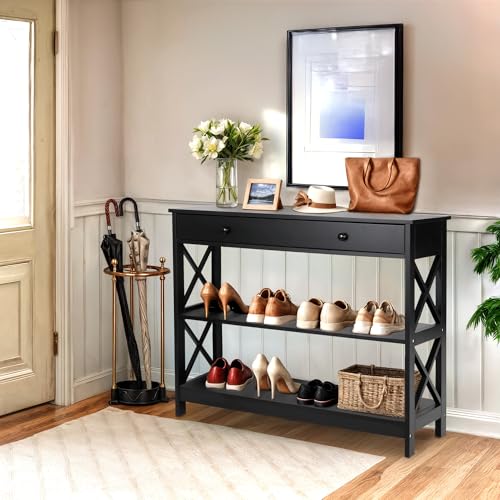 Nouva Narrow Console Accent Table w/Storage Shelf, 3-Tier 40 Inch Entryway Sofa Table End Table Display Shelf w/Drawer for Living Room Hallway Entryway Foyer,Black