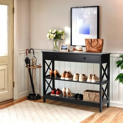 Nouva Narrow Console Accent Table w/Storage Shelf, 3-Tier 40 Inch Entryway Sofa Table End Table Display Shelf w/Drawer for Living Room Hallway Entryway Foyer,Black