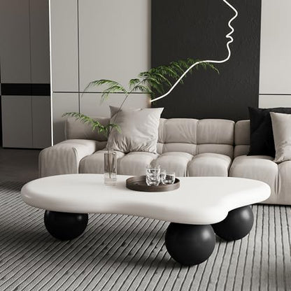 47.2” Cloud Coffee Table with 3 Ball Legs, Modern Irregular Center Table for Living Room, Low Cute Small MDF Tea Table for Bedroom, Space Apartment-White Black - color: Cloud-47" White Black