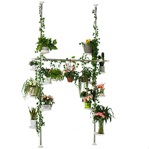 BAOYOUNI Indoor Plant Stands Spring Double Tension Pole Metal Flower Display Rack Space Saver Corner Floral Pot Storage Shelf with 12 Trays, 2 Hooks & 1 Telescopic Rod for Clothes Drying Hanger, Ivory - color: Ivory, size: 2 x 7 Tier