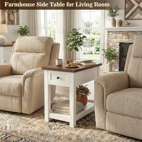 Narrow End Table Set of 2 with Charging Station - Farmhouse Side Tables with Drawer, 14" Wood Nightstands Set of 2 for Bedroom Living Room, Slim Couch Bedside Table Small Spaces, Antique White & Brown - color: Antique White & Brown, size: 2 Pack