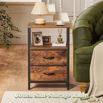 Huuger Night Stand with 2 Drawers, Bed Side Table with Open Shelf, Wooden Top, Nightstand for Bedroom, End Table for Small Space, Fabric Drawer, Rustic Brown - color: Rustic Brown