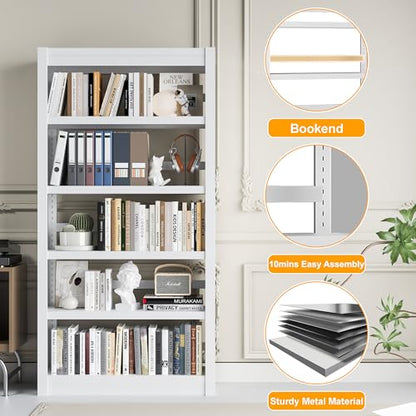 OSEILLC Bookcase, 5-Shelf Heavy Duty Metal Bookcase, Adjustable Bookshelf with Large Capacity, Book Shelf for Home Office, Living Room, Garage (White) - color: White, size: 69"H x 31.5"W