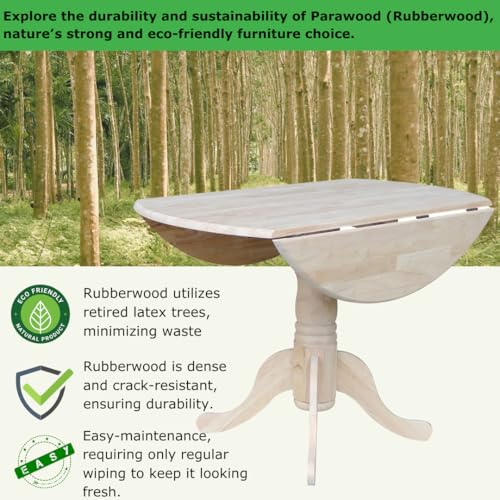 IC International Concepts, Round Dual Drop Leaf Pedestal Dining Table, Solid Real Wood, Sturdy Parawood, Dimensions 42"D x 42"W x 29.5"H, 40lbs Capacity, Paint/Stain Ready, Unfinished - color: Unfinished