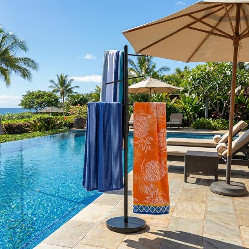 MyGift 6 Bar Outdoor Towel Rack for Pool, Free Standing Bath Towel Holder Storage, SPA Towel Blanket Stand with Round Weighted Base, Modern Black Metal