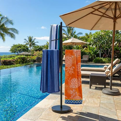 MyGift 6 Bar Outdoor Towel Rack for Pool, Free Standing Bath Towel Holder Storage, SPA Towel Blanket Stand with Round Weighted Base, Modern Black Metal