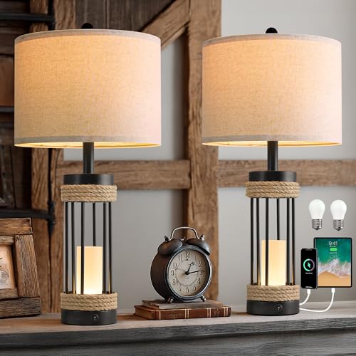 OYEARS 25" Table Lamps Set of 2 with Night Light, Rustic Bedside Lamps with USB C+A Charging Ports, Black Metal Lamp with Rope Accent and Frosted Glass, Farmhouse Lamps for Living Room Bedroom - color: Farmhouse Black