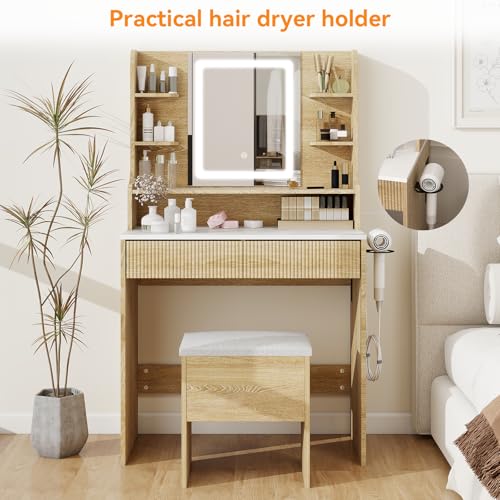 YOURLITE 31.5" Fluted Makeup Vanity Desk with LED Mirror and Stool | Small Vanity Table Set, 3 Lighting Modes, Charging Station, Hairdryer Holder, Cushioned Stool - size: 31.5", style: Wooden