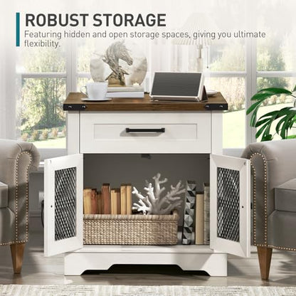 RALGEND White Farmhouse End Table with Charging Station, 24" Large Sofa Side Table with Drawer, Large End Table for Living Room, Wooden Nightstand with Outlet, Square, White and Walnut - color: White and Walnut