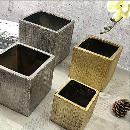 WGV Ceramic Cube Vase Width 4" Height 4" (Fits 3" Pot) Elegant Modern Block Square Floral Planter Terrarium Container Table Dresser for Event Accent Home Office Decor Gold Textured 1 Piece