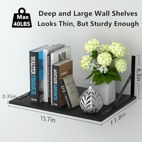 Deep Floating Wall Shelves - 4 Sets of 12 Inch Wide Black Wood Shelves for Bathroom, Bedroom, Kitchen, Living Room - color: Black Shelves