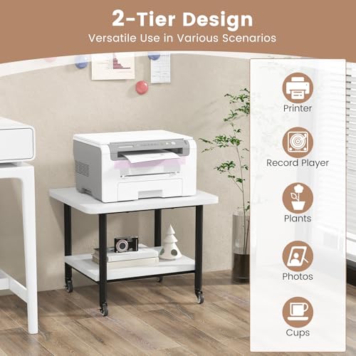 Tangkula Printer Stand with Storage, Under Desk Printer Table with 4 Wheels & Locking Mechanism, 2-Tier Rolling End Table Storage Rack for Bedroom, Living Room, Study - color: White