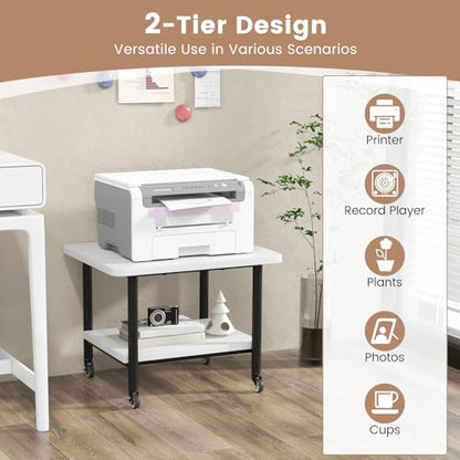 Tangkula Printer Stand with Storage, Under Desk Printer Table with 4 Wheels & Locking Mechanism, 2-Tier Rolling End Table Storage Rack for Bedroom, Living Room, Study - color: White