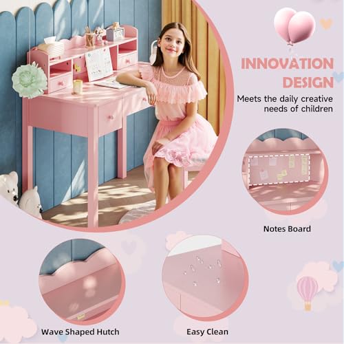 FUNKOCO Pink Writing Desk with Hutch & 5 Drawers - 40 Inch Modern Computer Workstation for Home Office, Teen Desk, Small Study Desk, Ideal for Gift - color: 4-large Pink