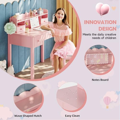FUNKOCO Pink Writing Desk with Hutch & 5 Drawers - 40 Inch Modern Computer Workstation for Home Office, Teen Desk, Small Study Desk, Ideal for Gift - color: 4-large Pink