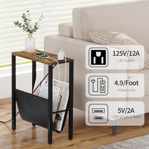 Narrow Side Table with Charging Station, Skinny Nightstand with USB Ports & Outlet, Slim Sofa Side Table with Storage Bag, Small End Table for Small Spaces, Living Room, Bedroom, Rustic Brown - color: Rustic Brown