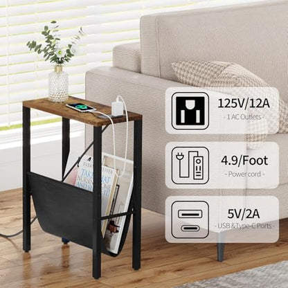 Narrow Side Table with Charging Station, Skinny Nightstand with USB Ports & Outlet, Slim Sofa Side Table with Storage Bag, Small End Table for Small Spaces, Living Room, Bedroom, Rustic Brown - color: Rustic Brown