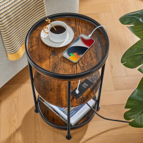 Dulcii Round Side Table with Charging Station, End Table with 3 Shelves for Living Room, Bedroom Nightstand for Small Spaces, Industrial Round Sofa Table with Steel Frame (USB+Rustic Brown) - color: Rustic Brown, style: With Outlets