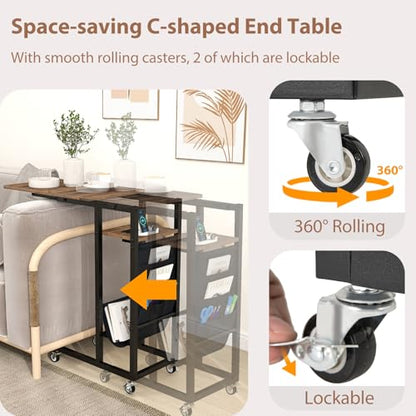 Giantex C Shaped End Table with Charging Station, 27’’H Slide Under Couch Side Table w/Wheels, Outlets & USB Ports, Storage Bag, Small Laptop Sofa TV Tray C Table for Living Room, Rustic Brown