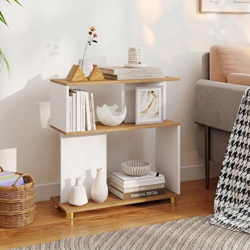 GOFLAME 3-Tier Geometric Bookcase, S-Shaped Bookshelf with 2 Open Back Compartments, Modern Display Rack, Narrow Compact Side End Table Nightstand for Living Room, Home Office (1,White & Natural) - color: White & Natural