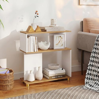 GOFLAME 3-Tier Geometric Bookcase, S-Shaped Bookshelf with 2 Open Back Compartments, Modern Display Rack, Narrow Compact Side End Table Nightstand for Living Room, Home Office (1,White & Natural) - color: White & Natural