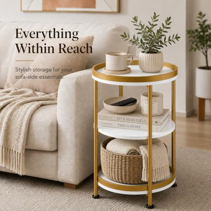 Dulcii Round Side Table with Storage Tray for Living Room, 15" L x 15" W x 24" H Bedroom Nightstand 3 Tiers Bedside Table with Steel Frame for Small Spaces (White & Gold) - color: White + Gold, style: Classic