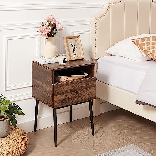 VECELO Night Stand Set of 2,Modern Solid Wood Nightstand with Storage Shelf and Drawer, Bedside Table End Table for Living Room,Bedroom,Entryway,Easy Assembly,Brown - color: Rustic Brown(set of 2)