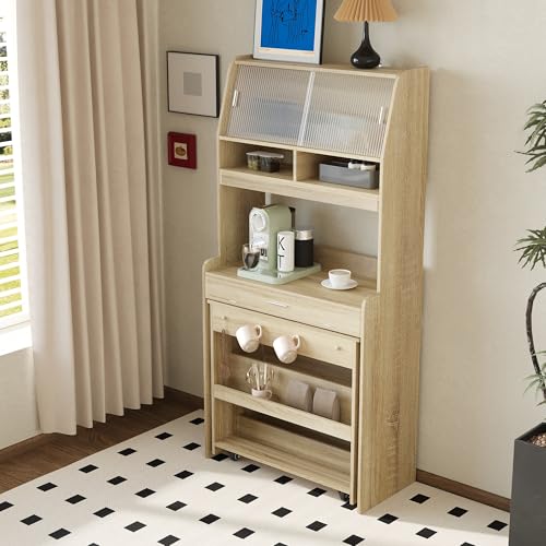 Spaco 2-in-1 Folding Dining Table and Buffet Cabinet Set,Compact Pull-Out Kitchen Table with Wheels,Storage Shelf and Side Hooks,Multifunctional Cupboard for Small Place (Oak) - color: Oak